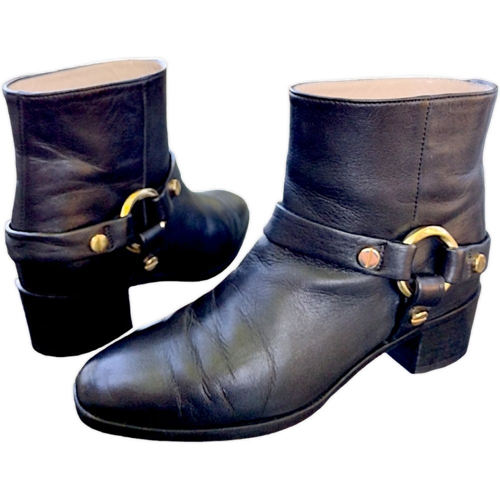 Stuart Weitzman Leather Studded Accent Boots,Black w/ Cream Interior, Size 6.5 M